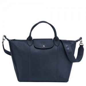 Longchamp Le Pliage Cuir Top handle bag M Navy | PVJRC-1432