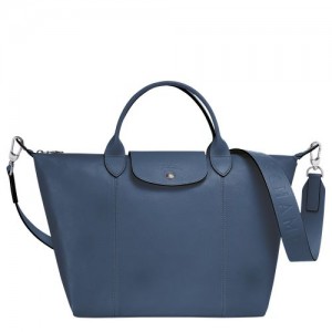 Longchamp Le Pliage Cuir Top handle bag M Pilot Blue | YHRFW-2905