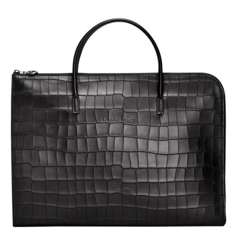 Longchamp Croco Block Briefcase S Black | RSDQC-4678