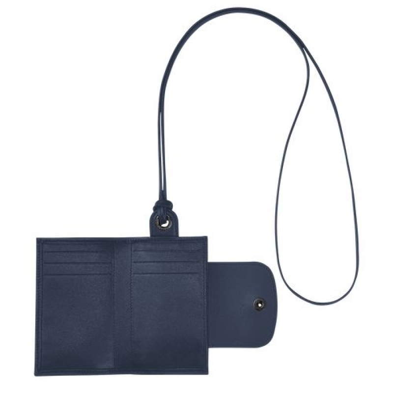 Longchamp Le Pliage Cuir Card holder with necklace Navy | UIDRH-5241