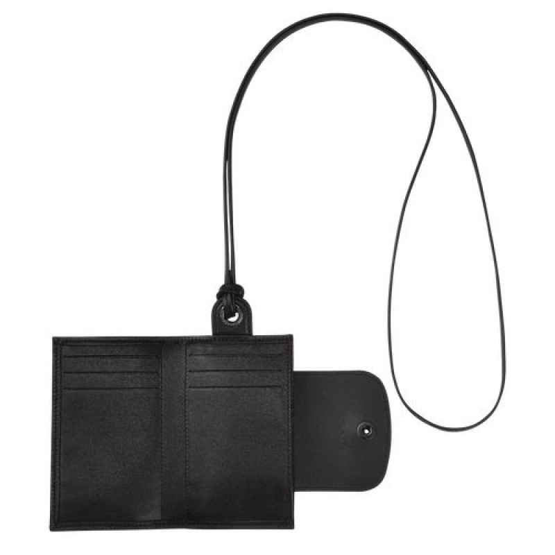 Longchamp Le Pliage Cuir Card holder with necklace Black | VPWOF-0258