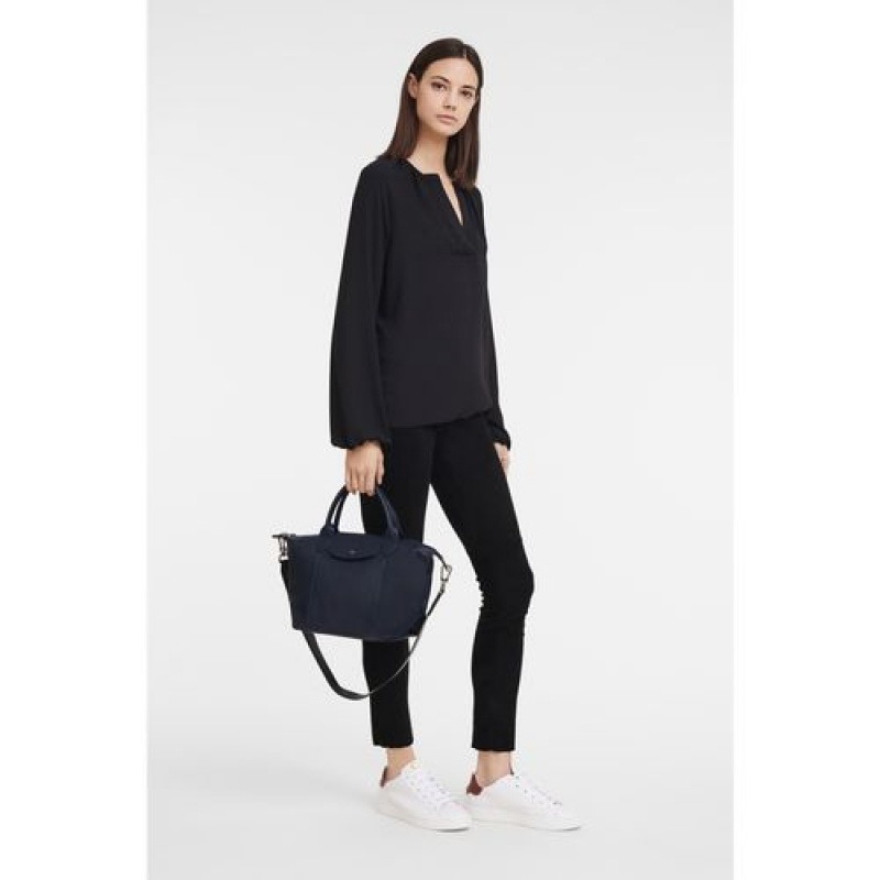 Longchamp Le Pliage Cuir Top handle bag S Navy | YWDKR-2983