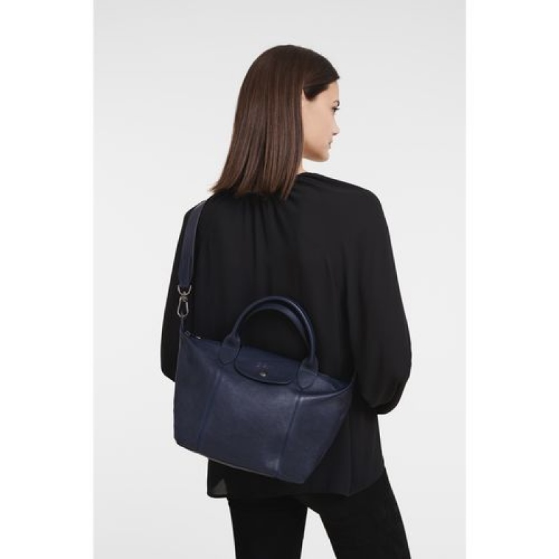 Longchamp Le Pliage Cuir Top handle bag S Navy | YWDKR-2983