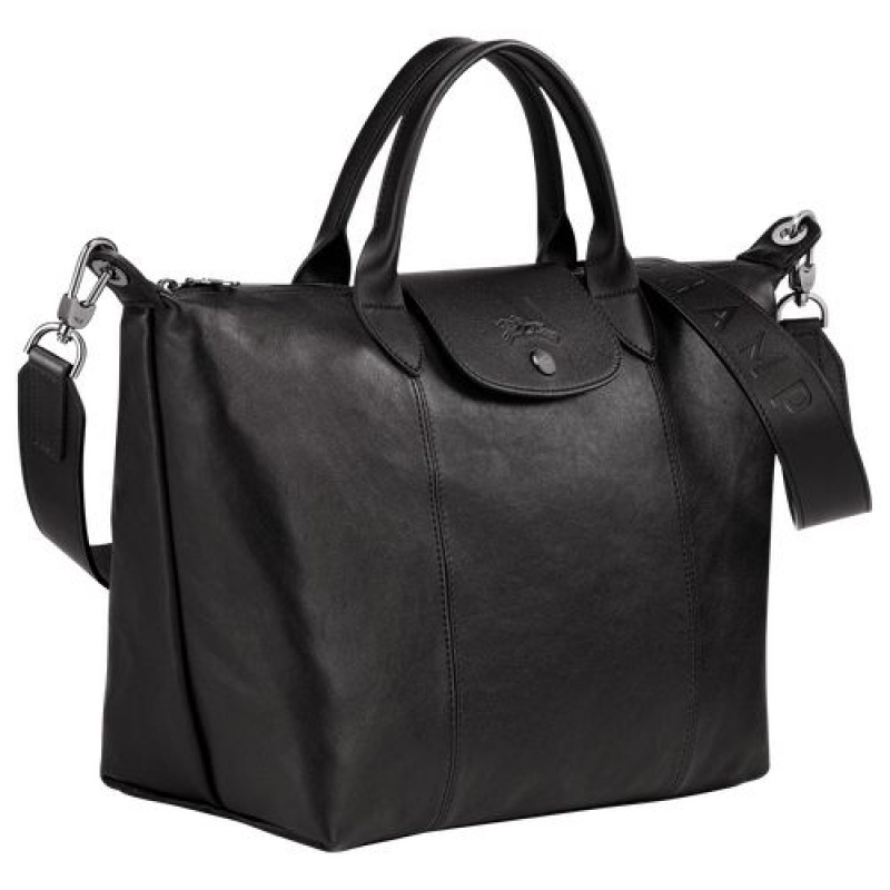 Longchamp Le Pliage Cuir Top handle bag M Black | ZCRGY-3096