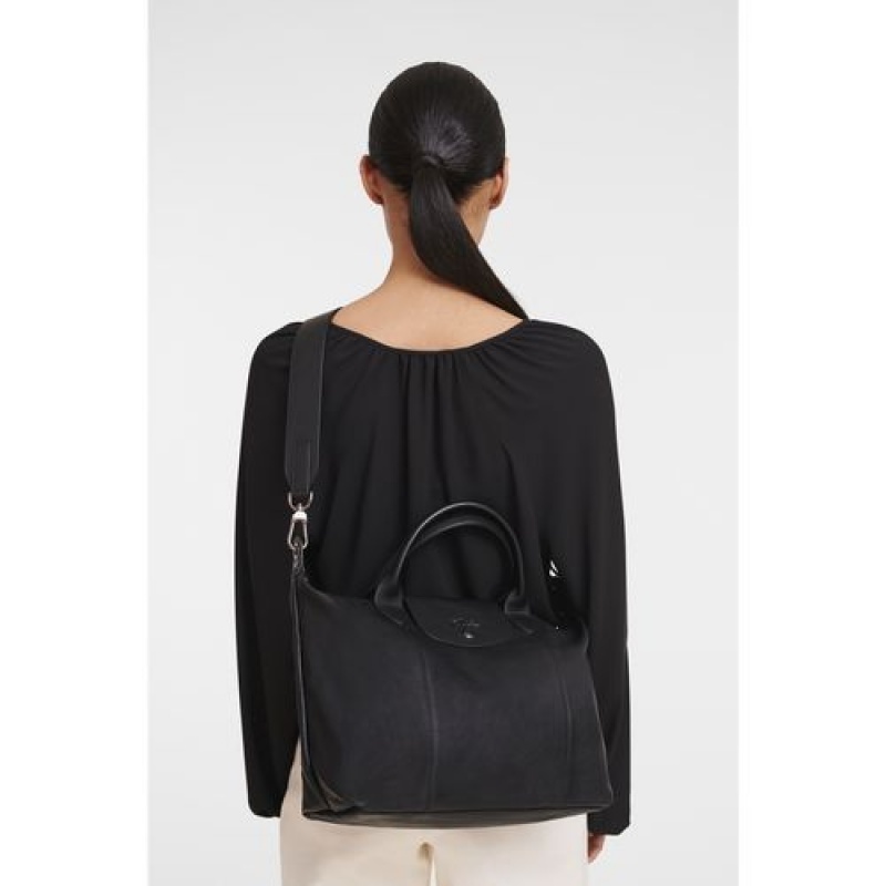 Longchamp Le Pliage Cuir Top handle bag M Black | ZCRGY-3096