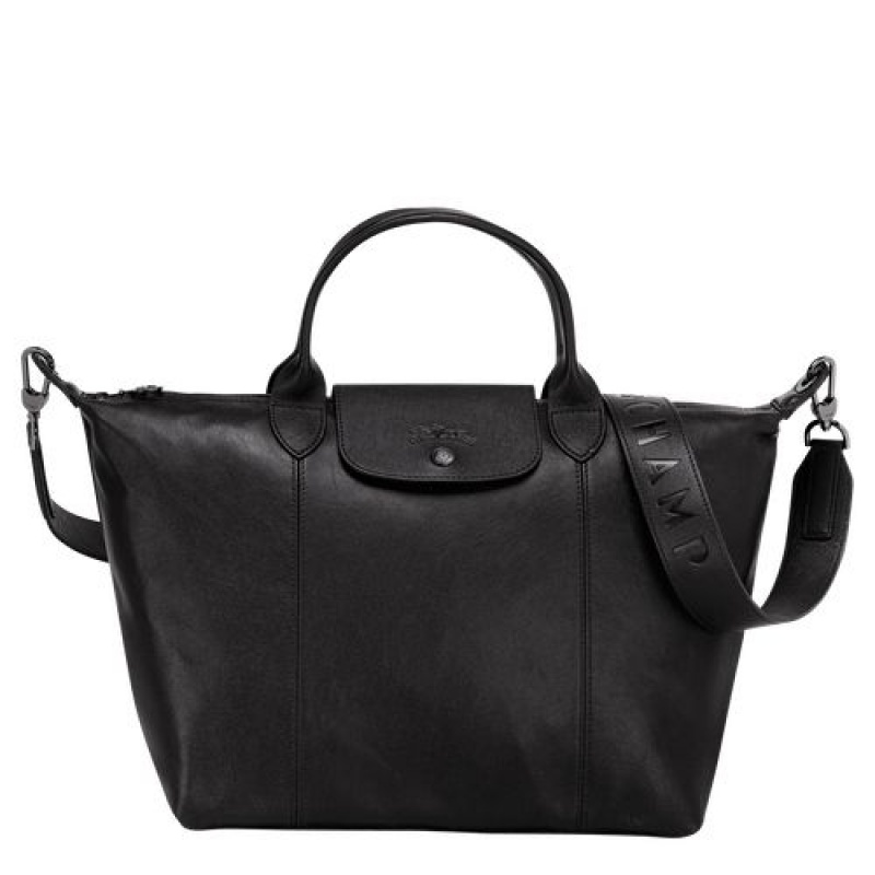 Longchamp Le Pliage Cuir Top handle bag M Black | ZCRGY-3096