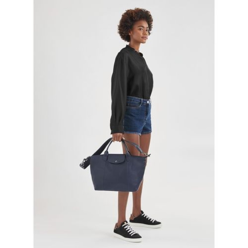 Longchamp Le Pliage Cuir Top handle bag M Navy | DREPC-8341