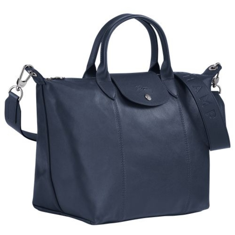 Longchamp Le Pliage Cuir Top handle bag M Navy | DREPC-8341