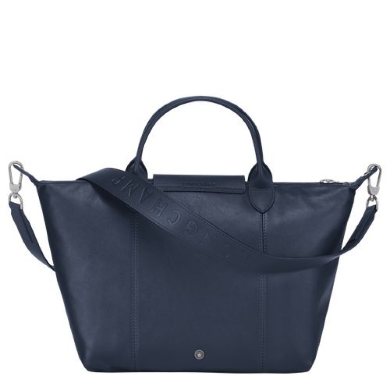 Longchamp Le Pliage Cuir Top handle bag M Navy | DREPC-8341