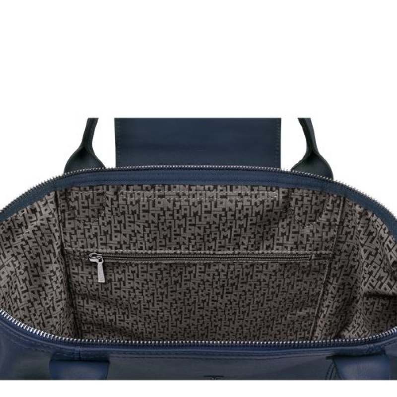 Longchamp Le Pliage Cuir Top handle bag M Navy | DREPC-8341