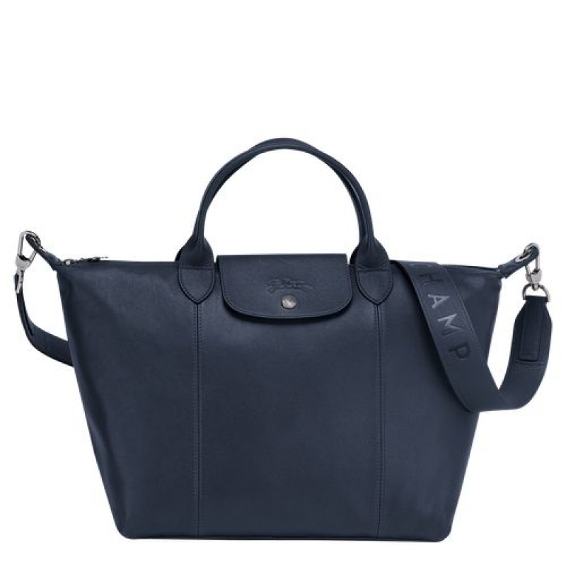 Longchamp Le Pliage Cuir Top handle bag M Navy | DREPC-8341