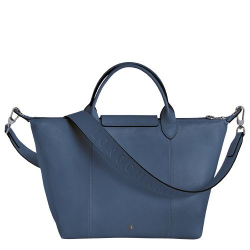 Longchamp Le Pliage Cuir Top handle bag M Pilot Blue | FTZYB-0254