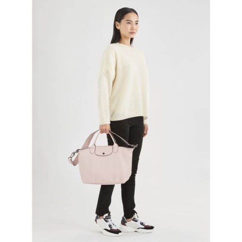 Longchamp Le Pliage Cuir Top handle bag M Pale Pink | JNQTK-7329