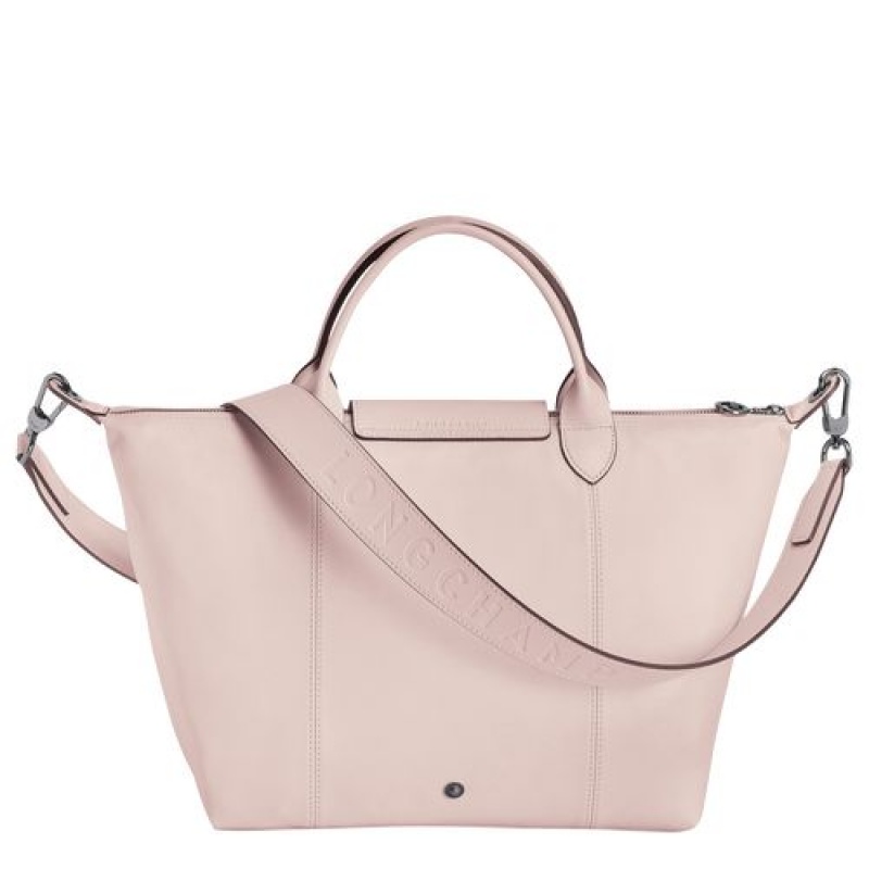 Longchamp Le Pliage Cuir Top handle bag M Pale Pink | JNQTK-7329