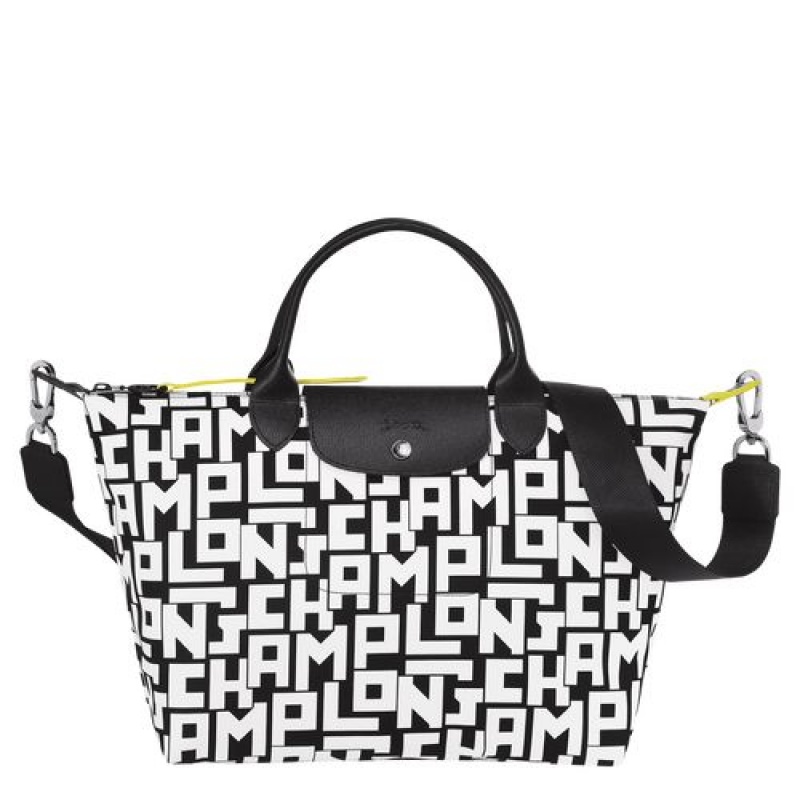 Longchamp Le Pliage LGP Top handle bag M Black/White | QVLIW-3857